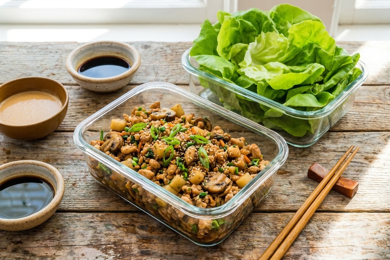 Cooked lettuce wrap filling in a glass meal prep container with a separate container of washed butter lettuce leaves on a kitchen counter