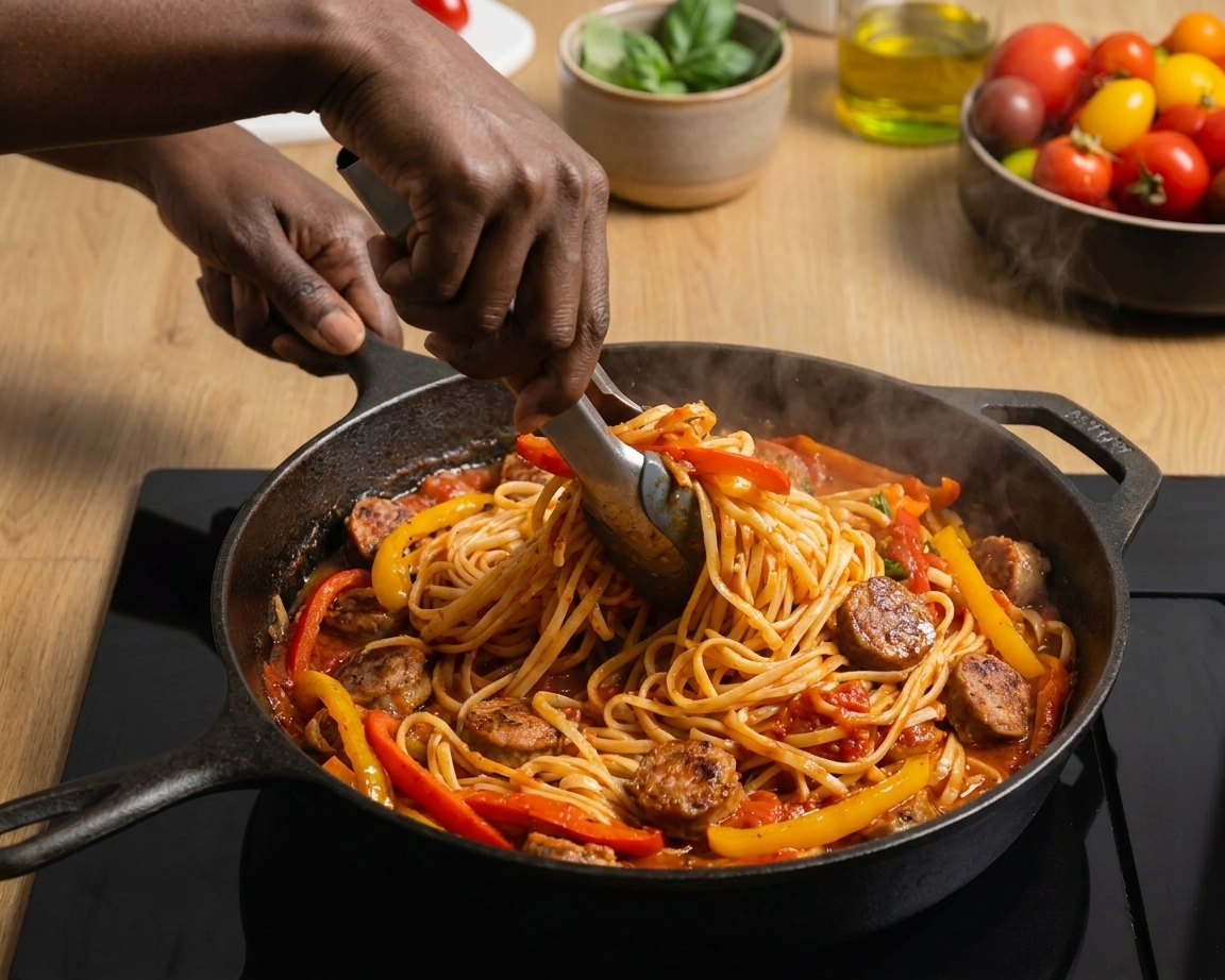 Cooked linguine being tossed in a red tomato wine sauce with sausage and peppers in a large skillet on a stove