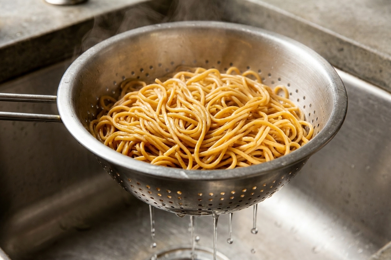 Cooked lo mein noodles draining in a metal colander over a sink