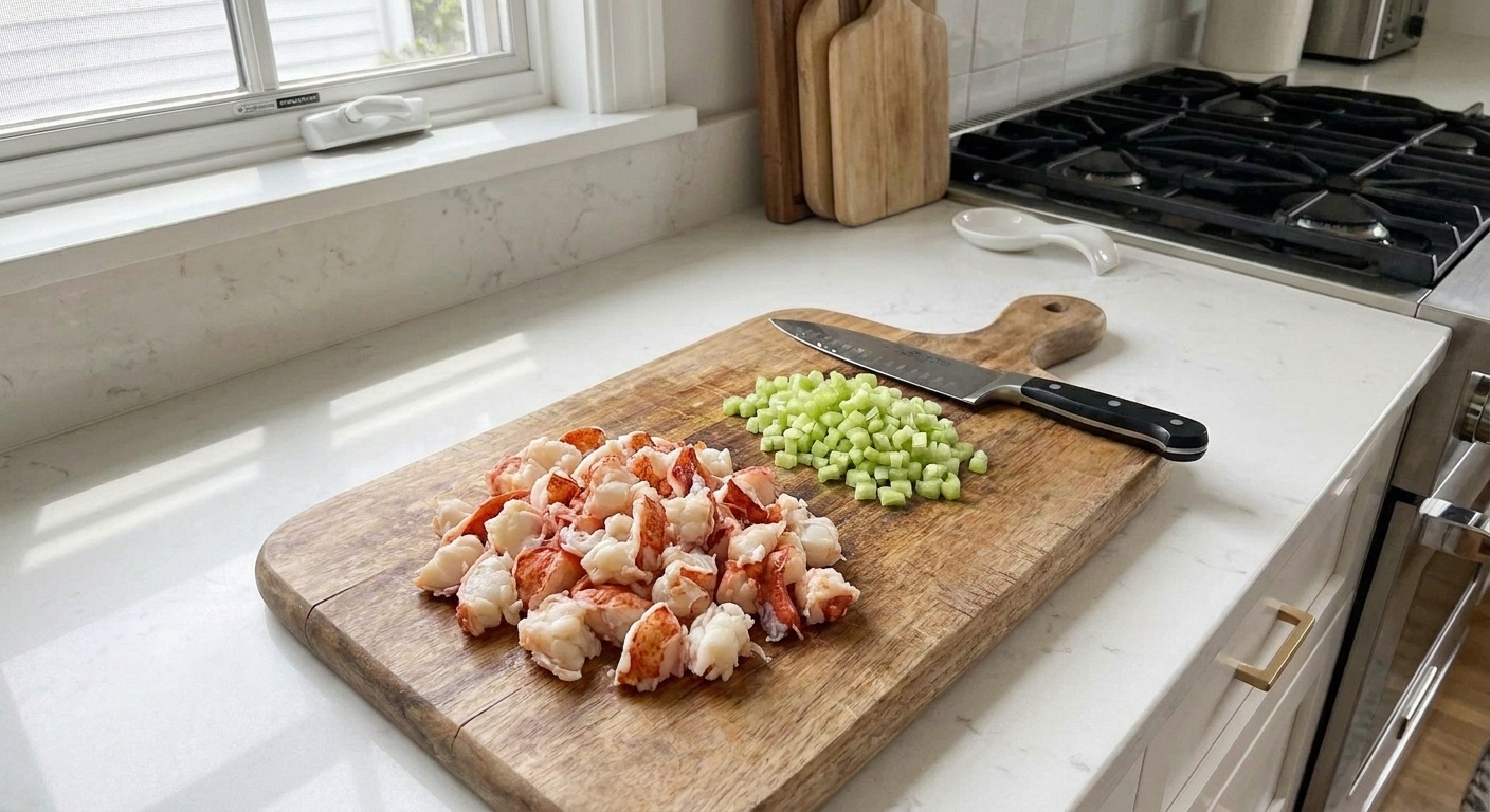 Cooked lobster meat chopped into bite-size pieces on a cutting board with a chef's knife and a small pile of diced celery nearby