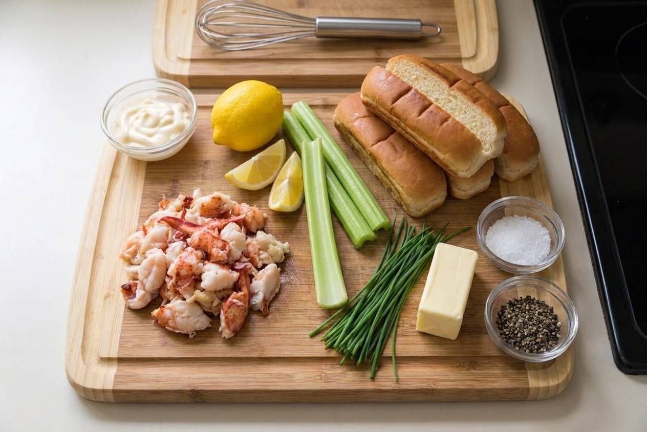 Cooked lobster meat, split-top hot dog buns, mayonnaise, lemon, celery, chives, butter, salt, and black pepper arranged on a light kitchen counter