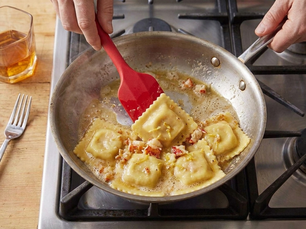 Cooked lobster ravioli being gently tossed in a skillet with glossy lemon brown butter sauce, using a silicone spatula