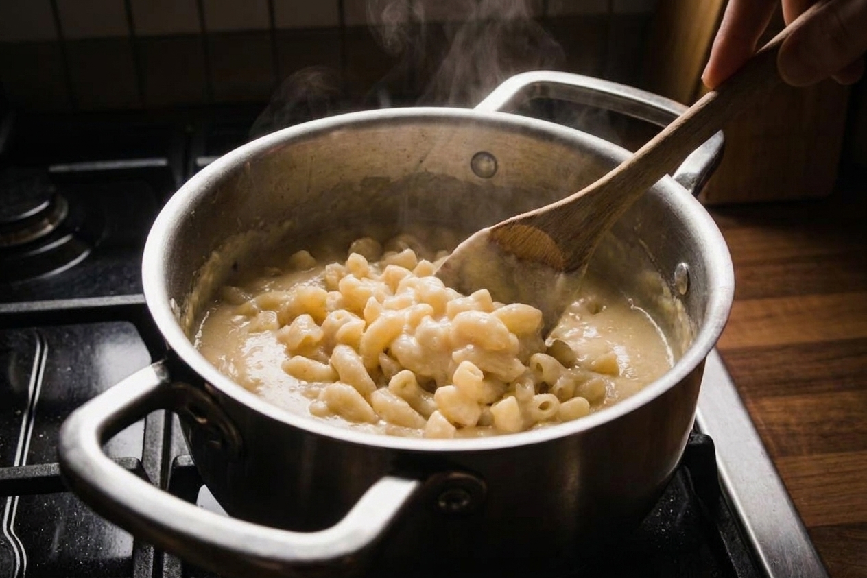 Cooked macaroni being stirred into a creamy cheese sauce in a large pot with a wooden spoon
