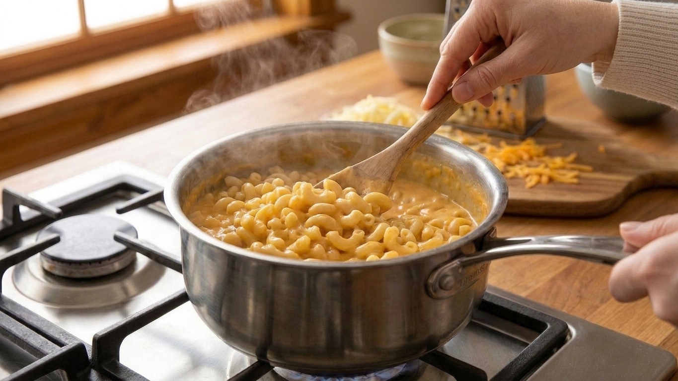 Cooked macaroni being stirred into a pot of creamy cheese sauce until fully coated