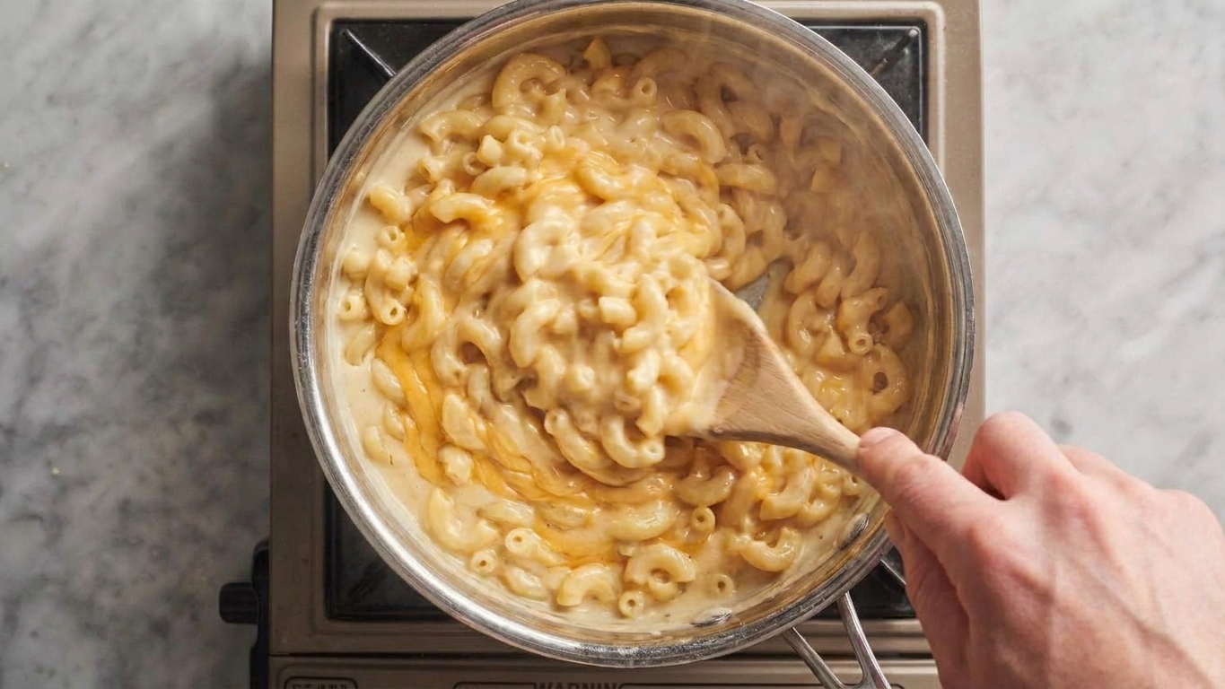 Cooked macaroni being stirred into creamy cheese sauce in a pot with a wooden spoon
