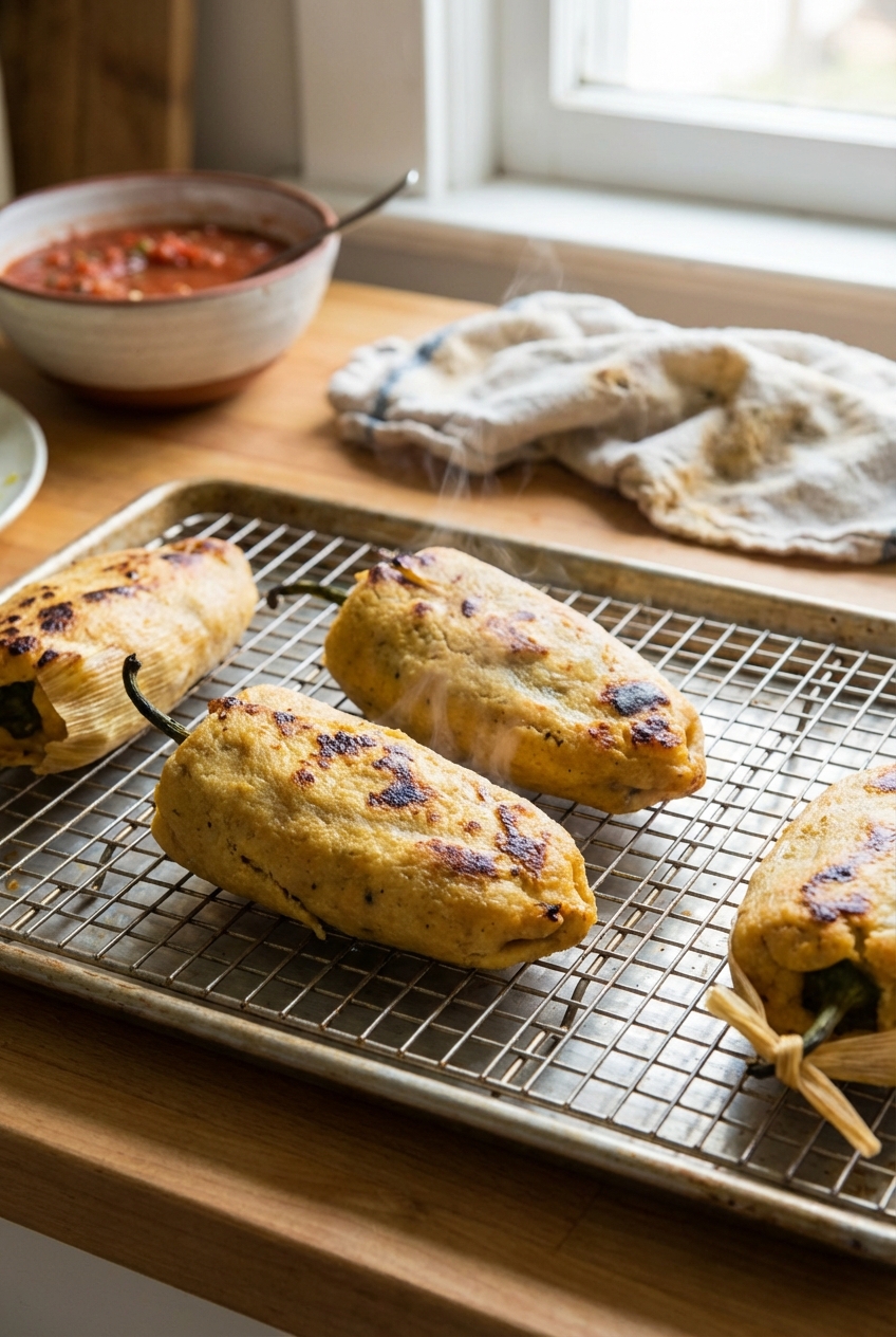 Cooked masa-wrapped chili rellenos cooling on a wire rack
