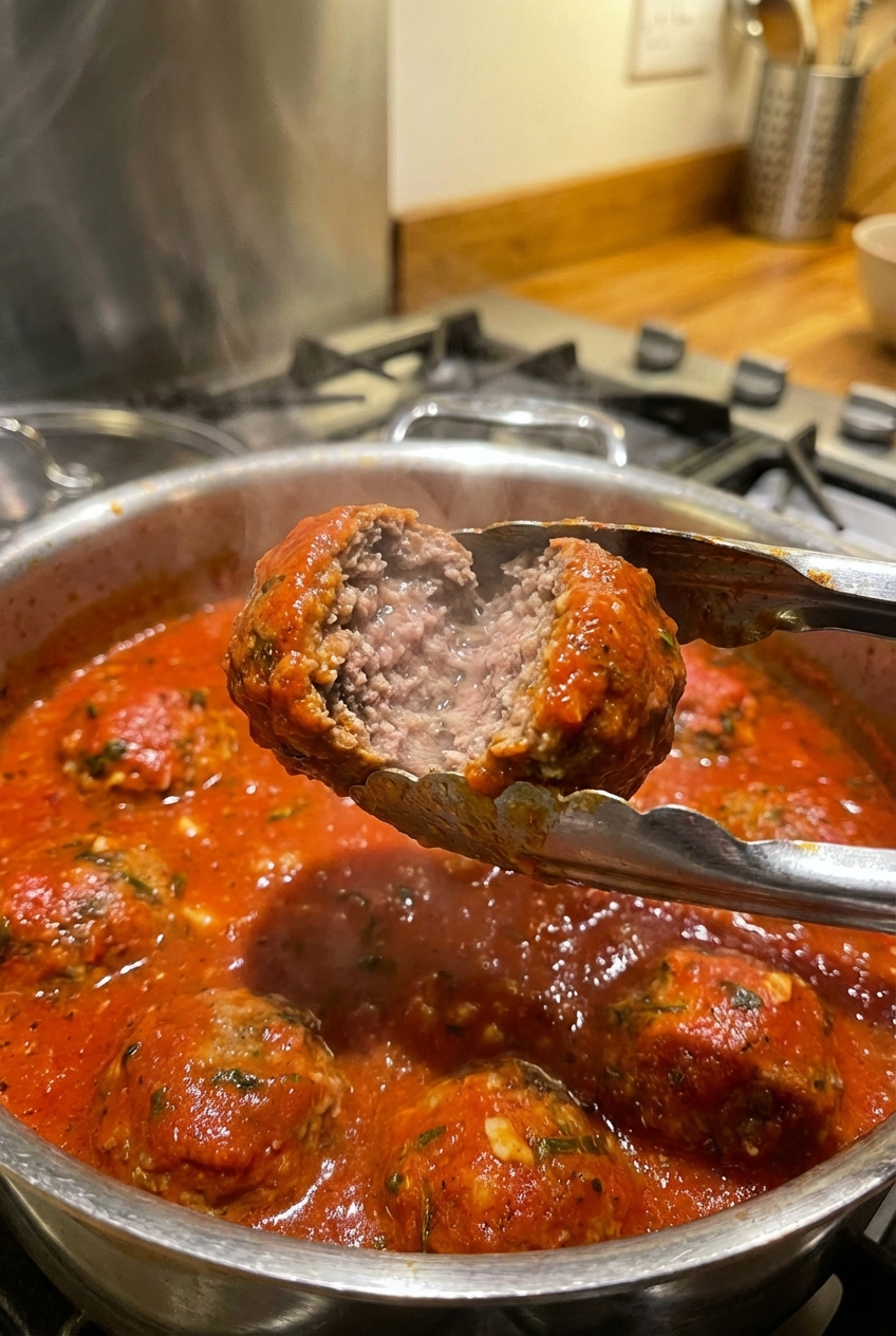Cooked meatballs lifted from tomato sauce with tongs, showing a tender interior