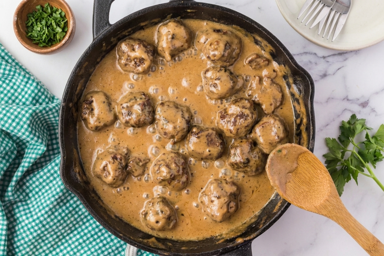 Cooked meatballs simmering in creamy Swedish meatball sauce in a skillet with a wooden spoon nearby