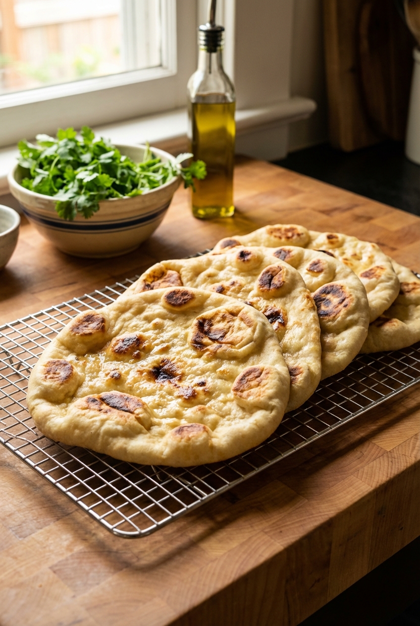 Cooked naan cooling on a wire rack on a kitchen counter
