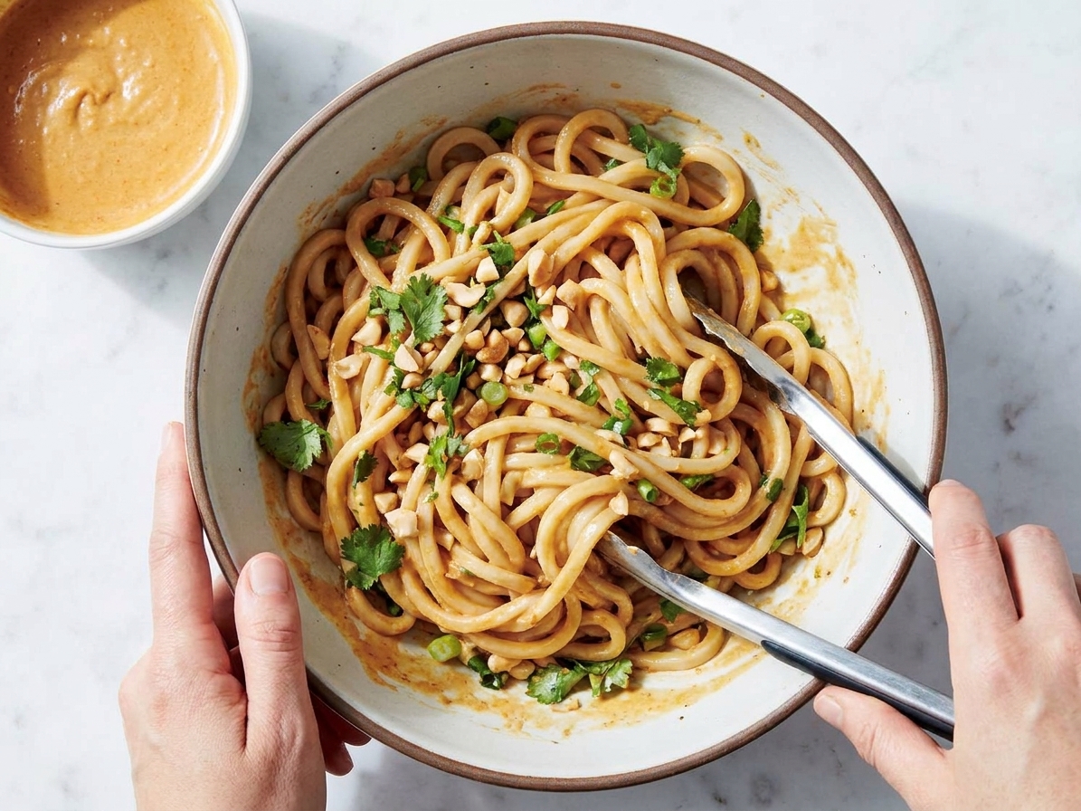 Cooked noodles being tossed in a large bowl with creamy peanut sauce using tongs