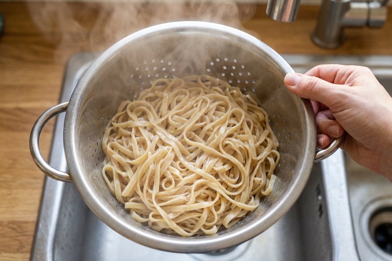 Cooked noodles draining in a colander over a sink with steam rising