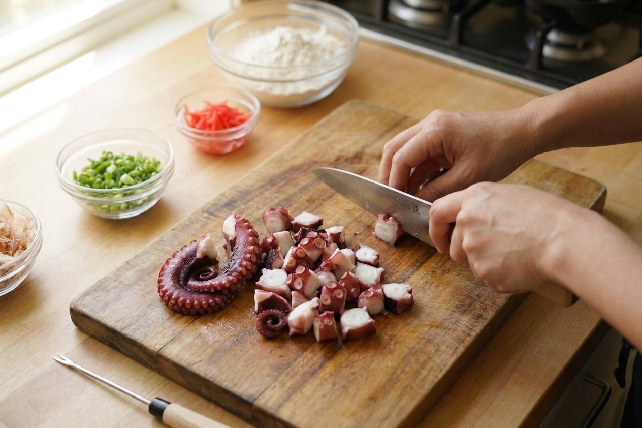 Cooked octopus tentacles chopped into bite-size pieces on a cutting board