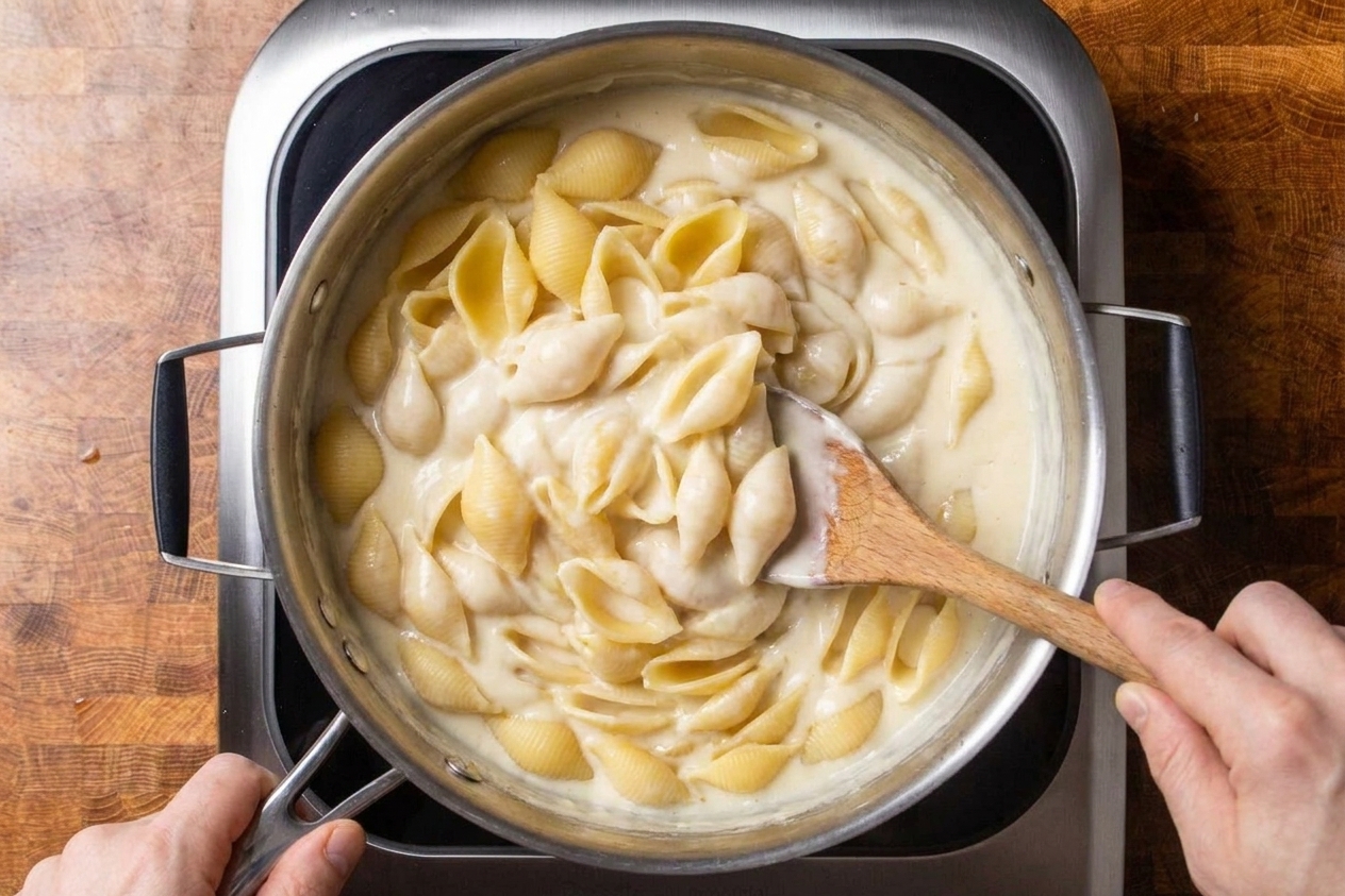 Cooked pasta being folded into a creamy white cheddar cheese sauce in a saucepan with a wooden spoon