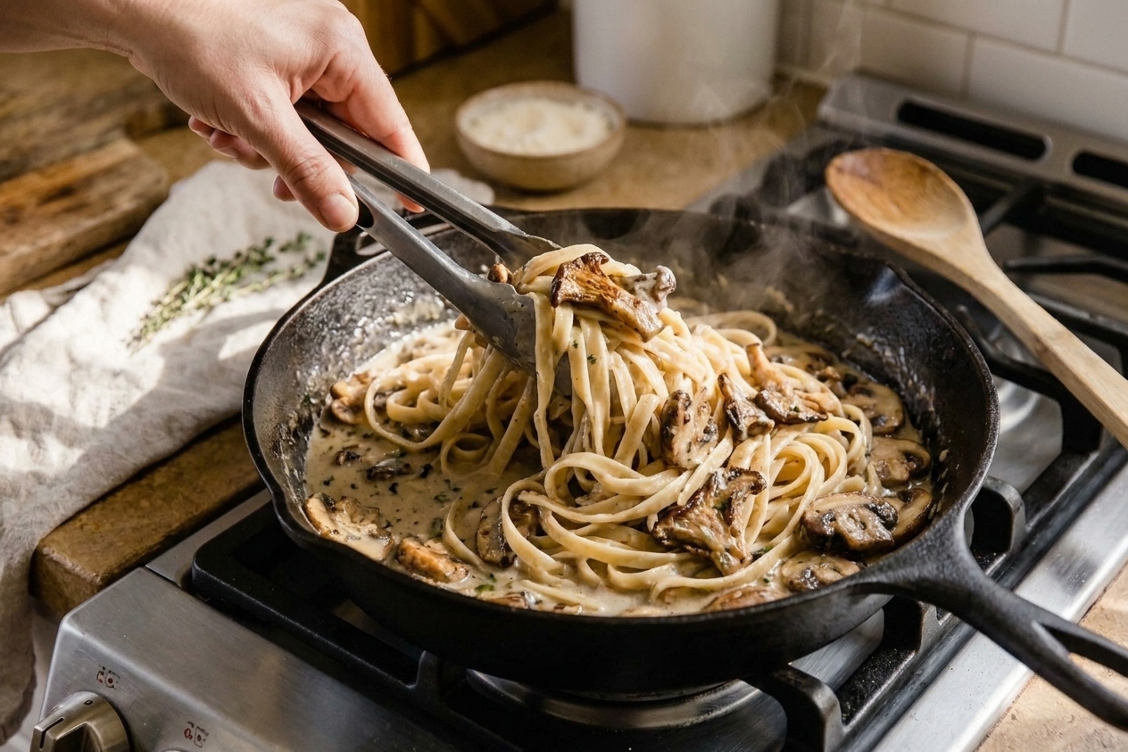 Cooked pasta being tossed in a skillet with creamy mushroom sauce using tongs, sauce coating the noodles