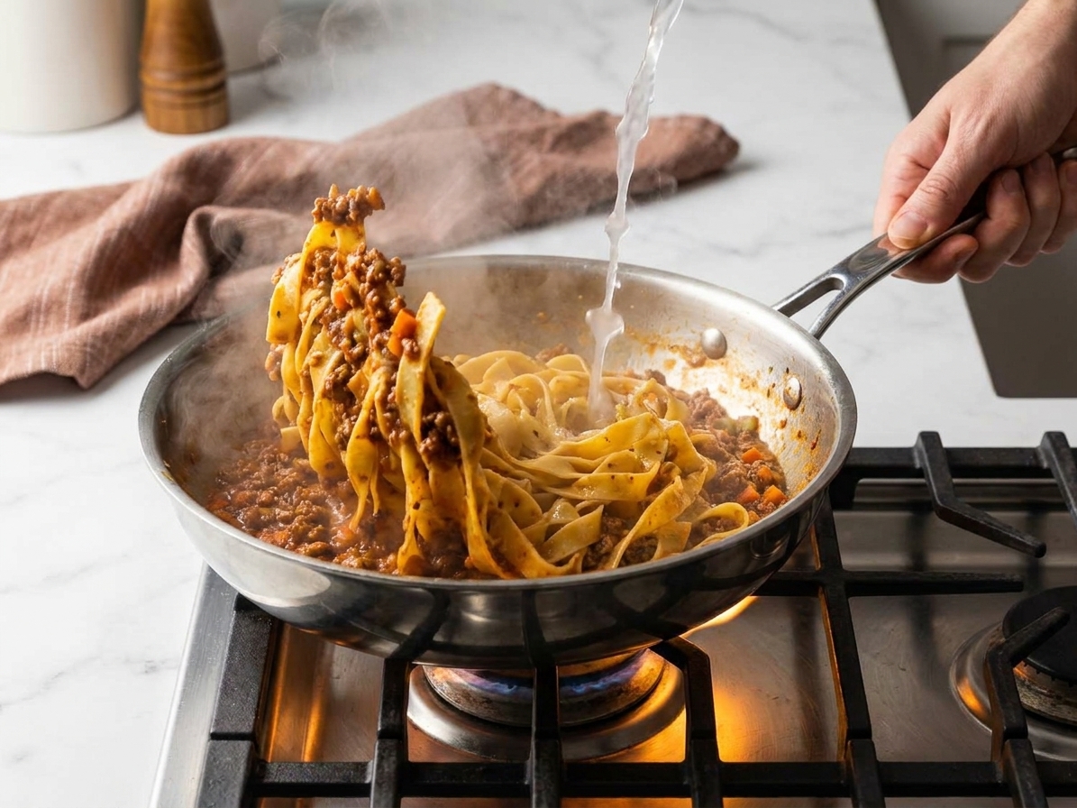 Cooked pasta being tossed in a wide skillet with bolognese sauce and a splash of pasta water, steam rising under warm stove light