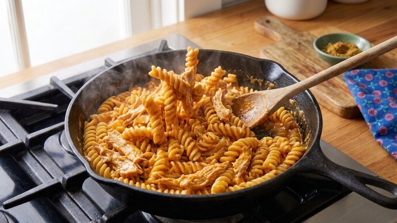 Cooked pasta being tossed into a creamy Buffalo sauce in a skillet with shredded chicken mixed in