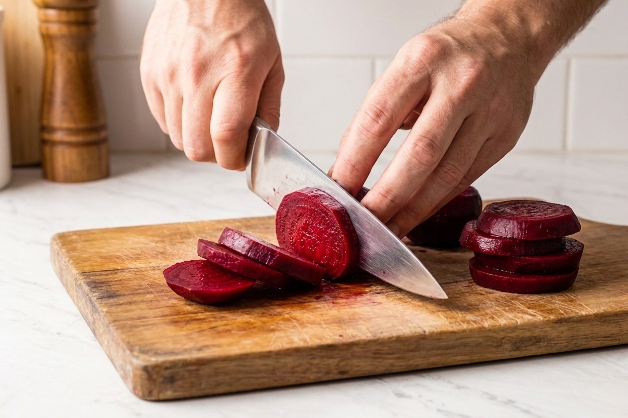 Cooked peeled beets being sliced into rounds on a wooden cutting board with a chef's knife