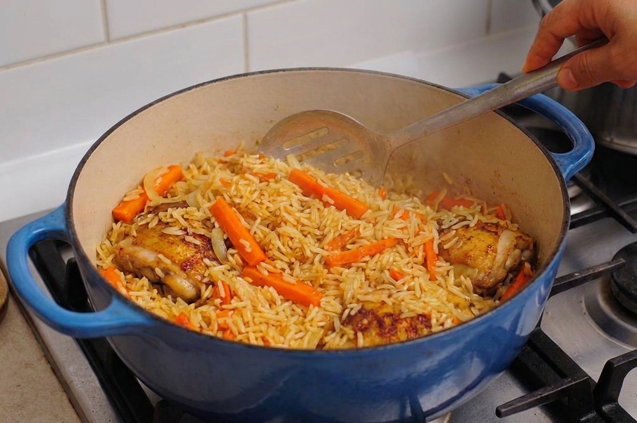 Cooked plov rice being fluffed in a Dutch oven with carrots and chicken visible among the grains