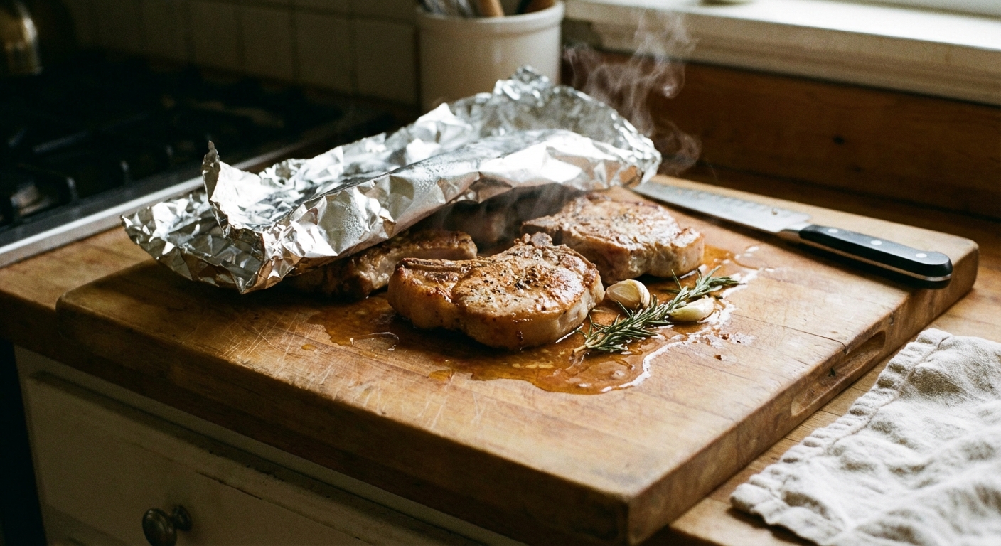 Cooked pork chops resting on a cutting board with foil loosely draped over them