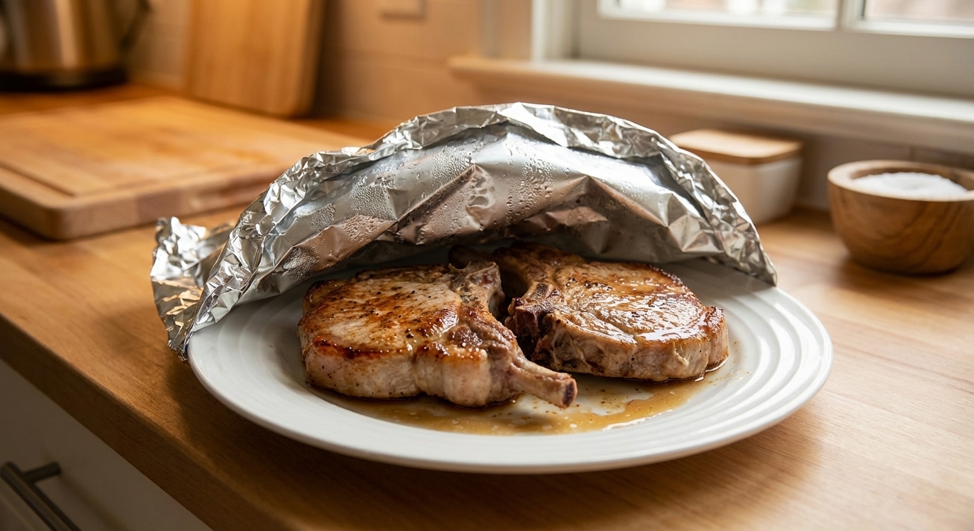 Cooked pork chops resting on a plate loosely tented with foil on a kitchen counter, juices visible on the surface, warm indoor lighting, photorealistic food photography