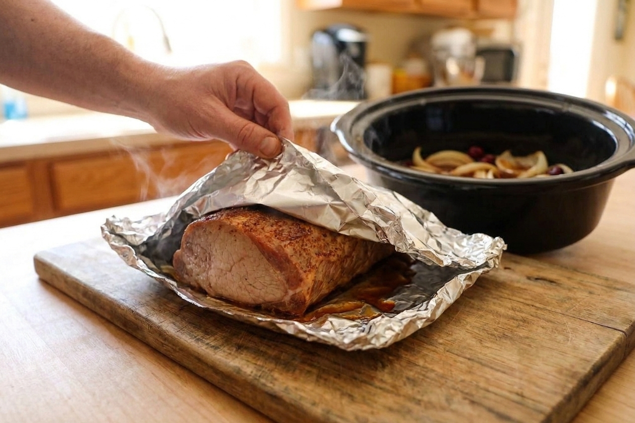 Cooked pork loin resting on a cutting board tented with foil, with sliced onions and juices visible in the slow cooker behind