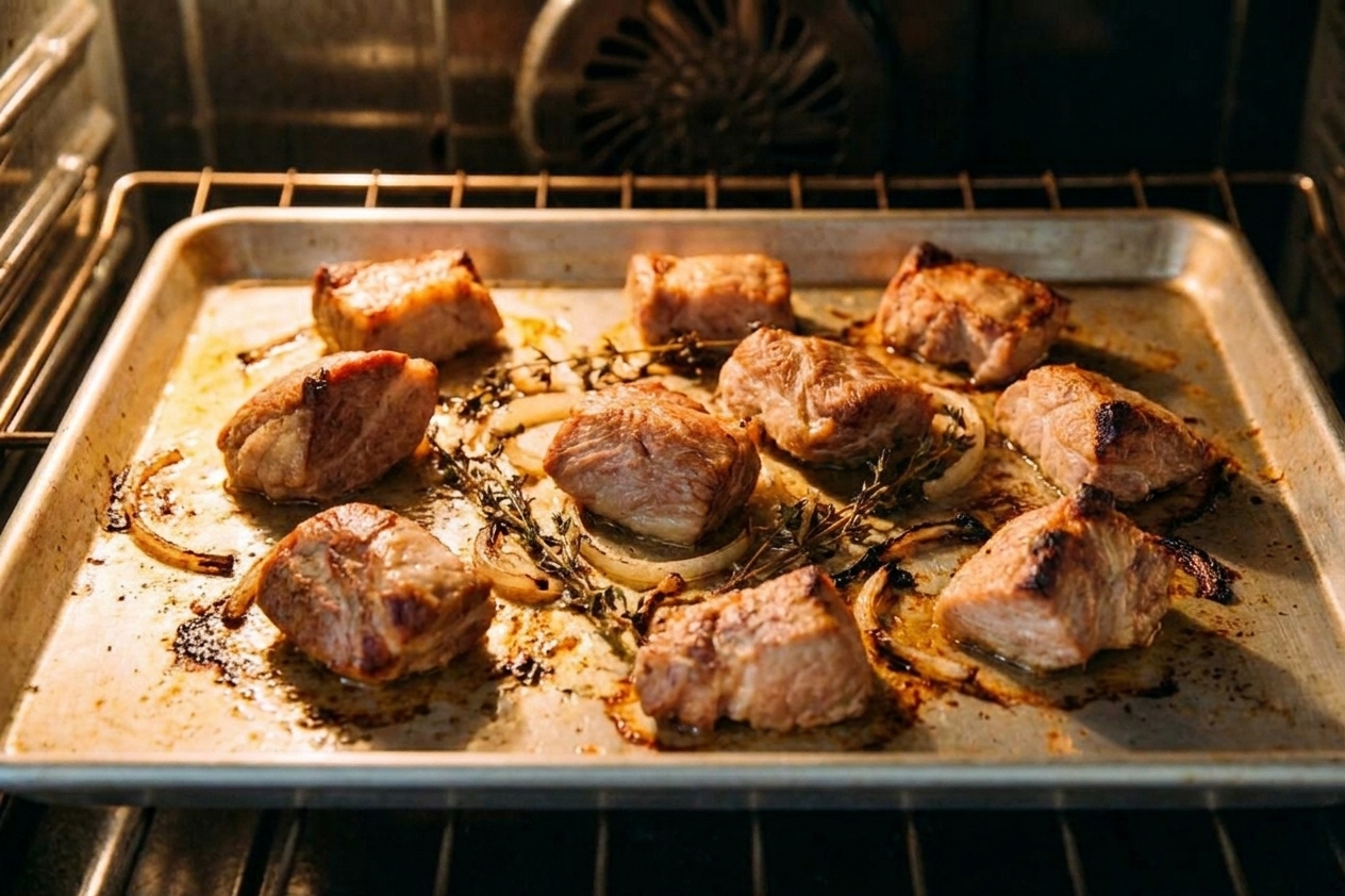 Cooked pork pieces spread on a sheet pan in a hot oven, edges browning and crisping