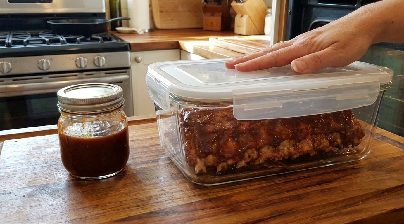 Cooked pork ribs in an airtight glass container with a small separate container of barbecue sauce on a kitchen counter