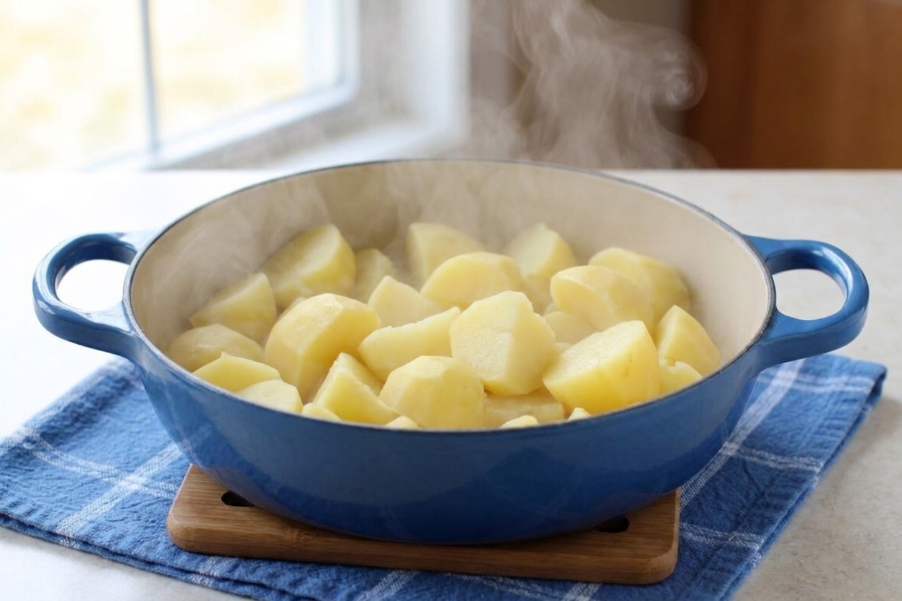Cooked potato chunks steaming in a pot as they dry briefly after draining