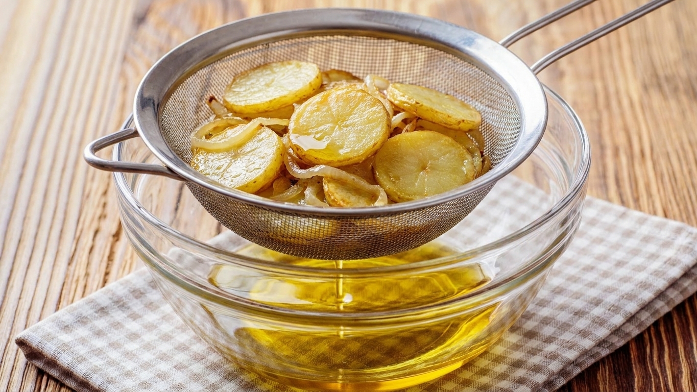 Cooked potatoes and onions draining in a fine-mesh strainer set over a bowl, glossy olive oil collecting underneath
