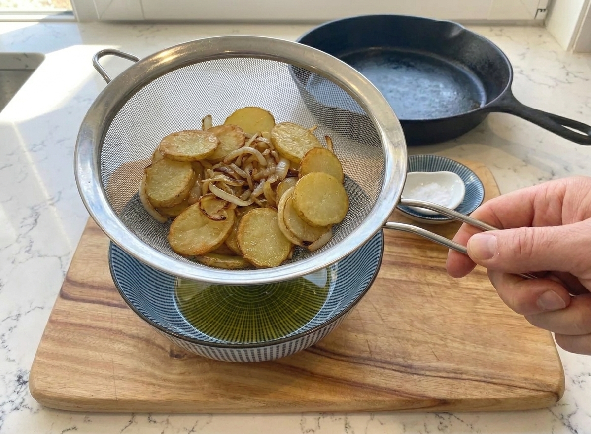 Cooked potatoes and onions draining in a metal strainer over a bowl on a kitchen counter