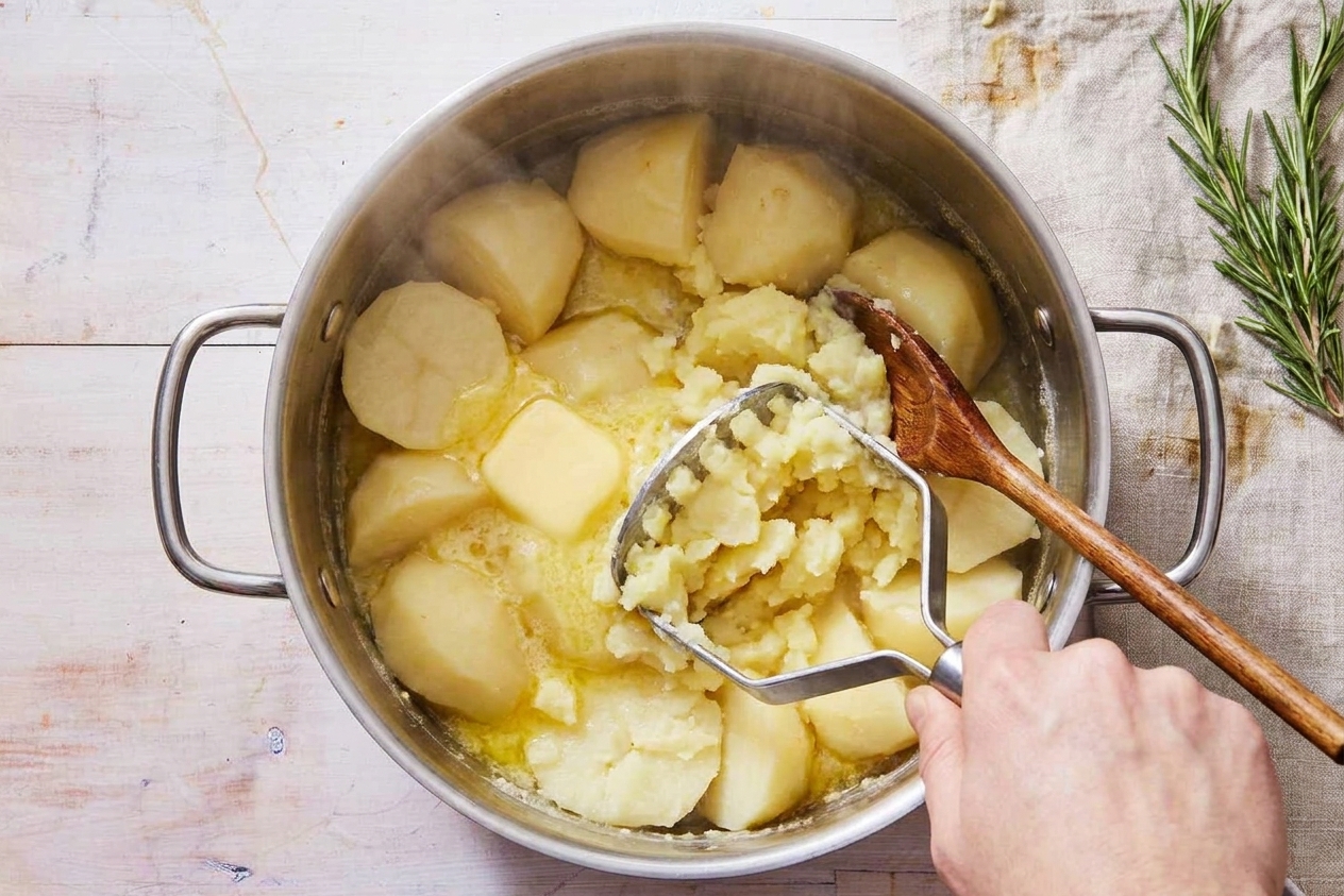 Cooked potatoes being mashed in a pot while butter melts into the mash