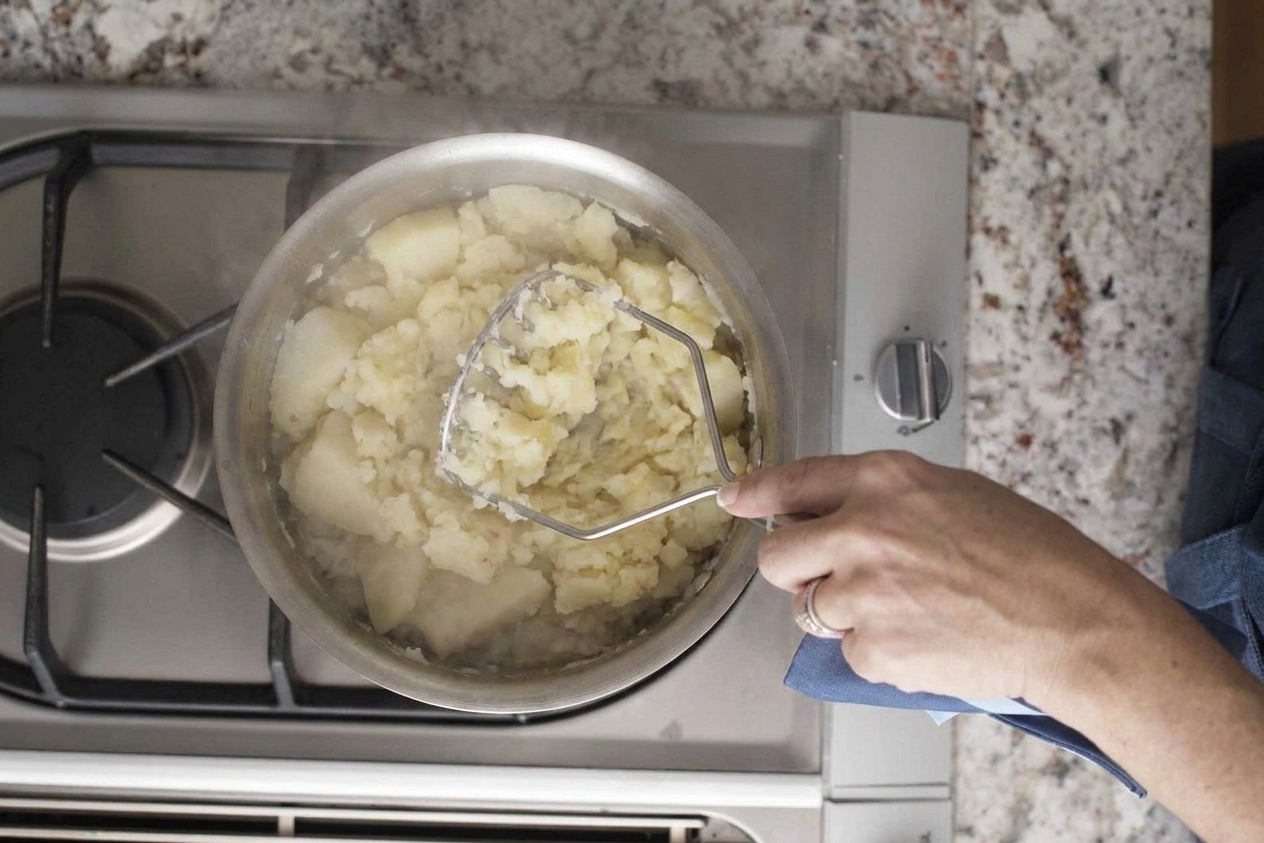 Cooked potatoes being mashed in a pot with a handheld masher on a home kitchen stove
