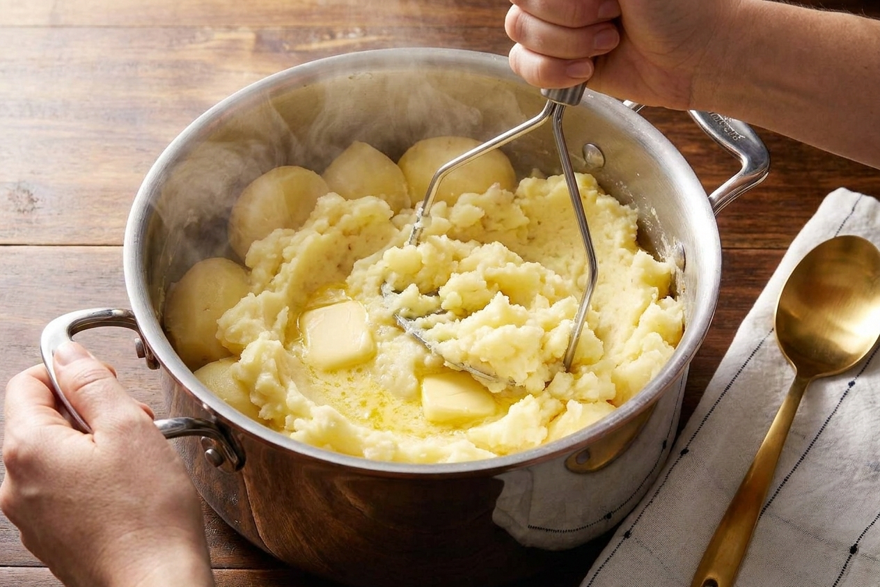 Cooked potatoes being mashed with butter in a large pot, showing fluffy mashed potatoes forming