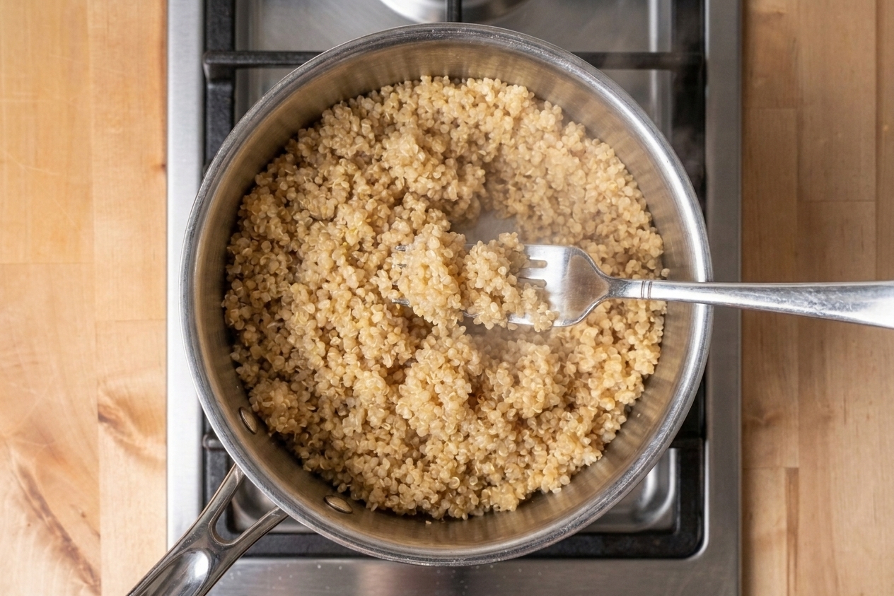 Cooked quinoa being fluffed with a fork in a saucepan on a stovetop