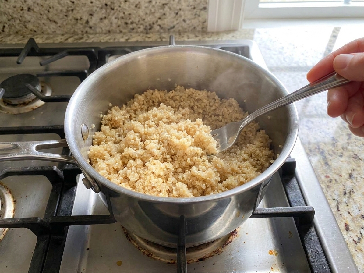 Cooked quinoa being fluffed with a fork in a saucepan on the stove