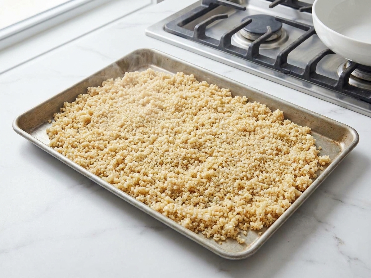 Cooked quinoa spread in a thin layer on a sheet pan to cool on a kitchen counter