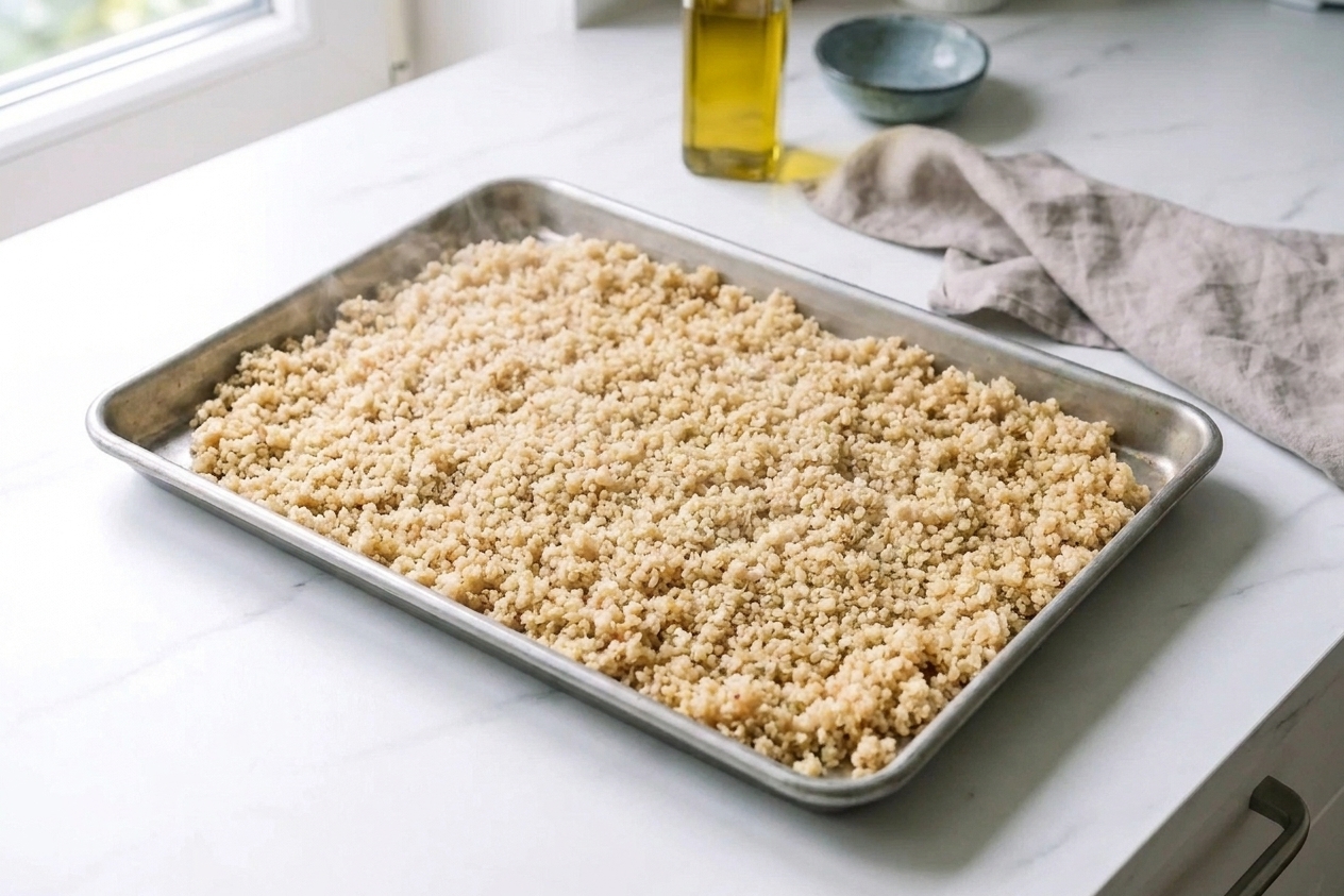 Cooked quinoa spread in an even layer on a metal sheet pan to cool on a kitchen counter