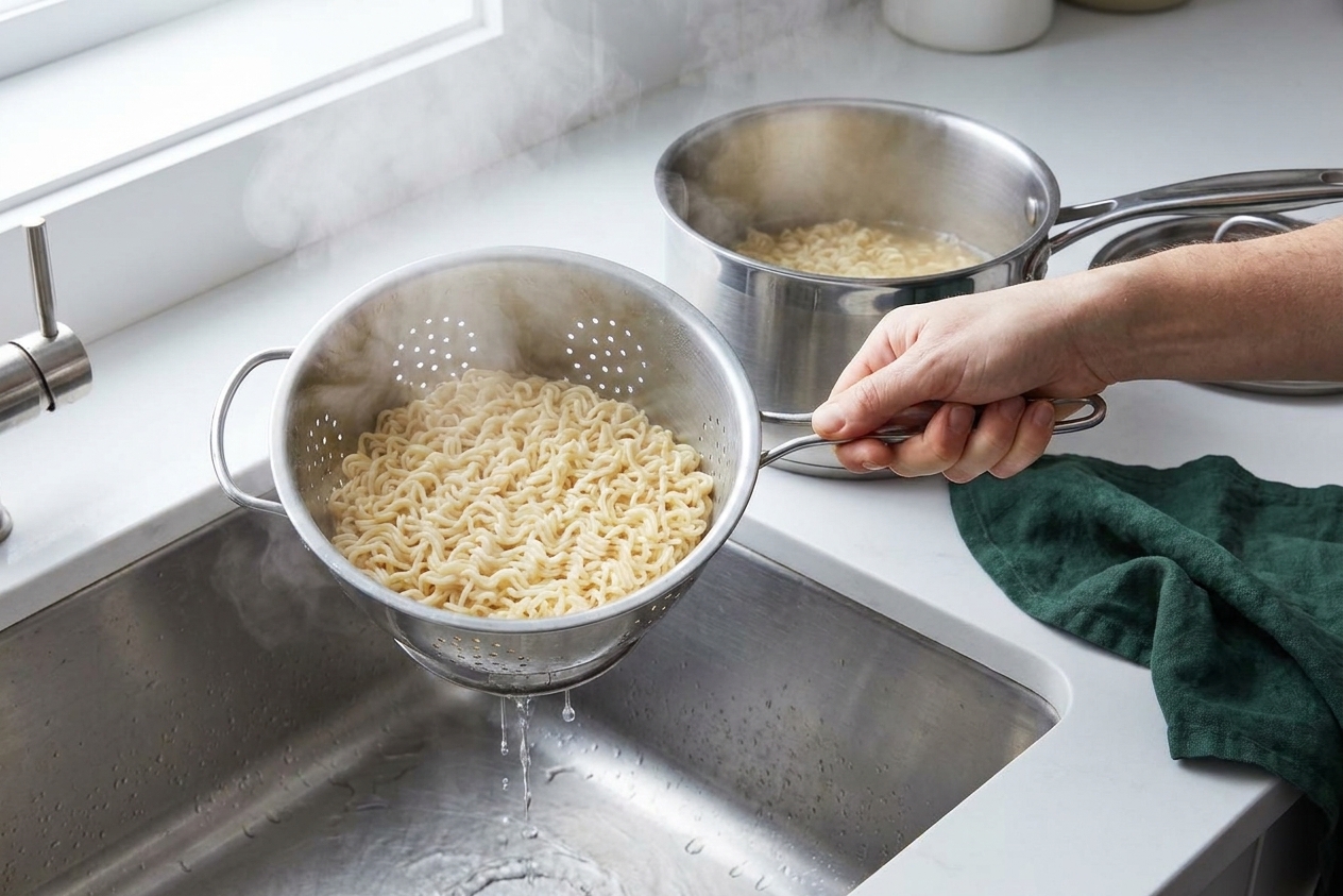 Cooked ramen noodles draining in a colander over a sink, with steam and a pot nearby