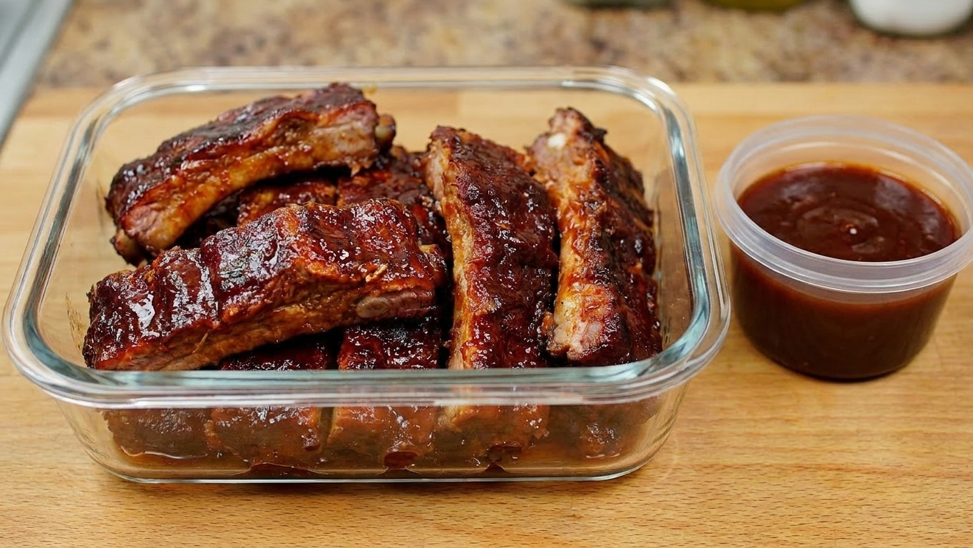 Cooked rib pieces stored in a glass meal prep container with a small container of barbecue sauce beside it