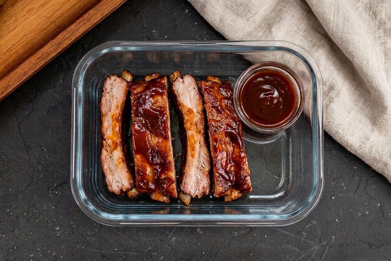 Cooked ribs arranged in a glass meal prep container with a small separate cup of barbecue sauce on a kitchen counter