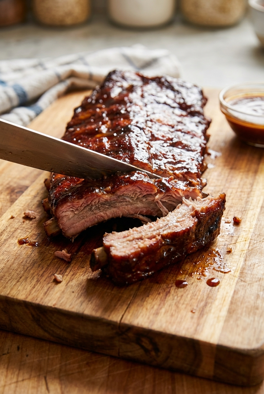 Cooked ribs being sliced between the bones on a cutting board, showing tender meat and a shiny glaze