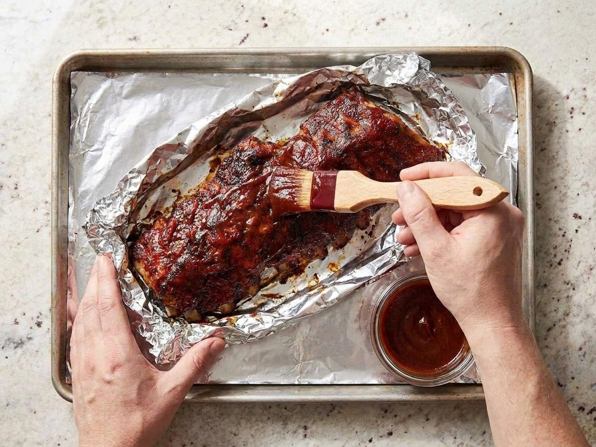 Cooked ribs on a foil-lined sheet pan being brushed with barbecue sauce in a home kitchen