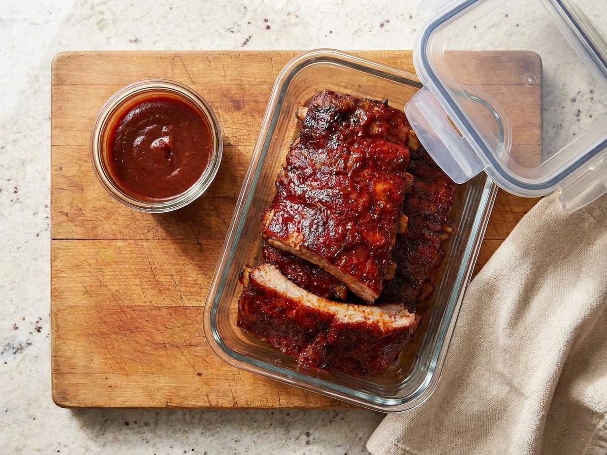 Cooked ribs stored in an airtight glass container with a small separate container of barbecue sauce on a kitchen counter
