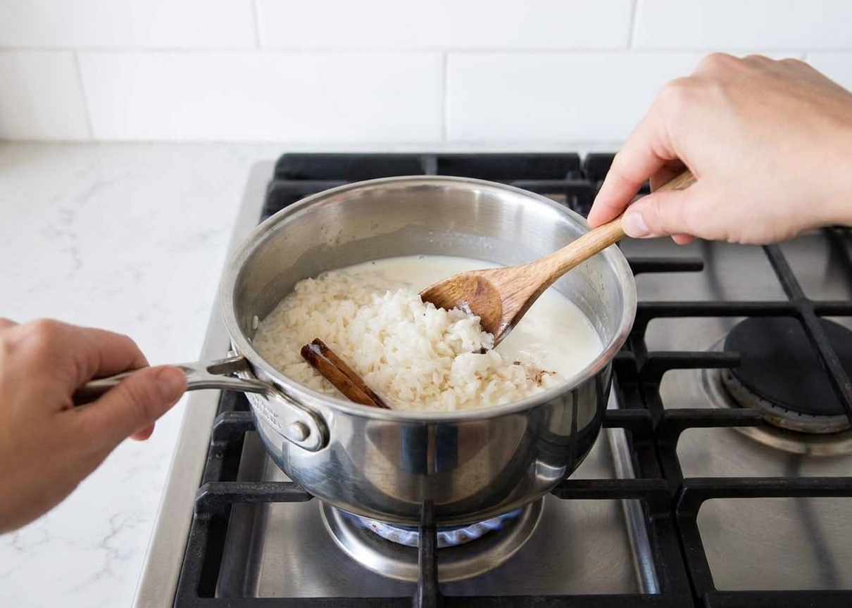 Cooked rice and milk being stirred together in a saucepan on a stovetop before simmering