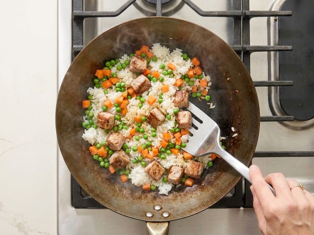 Cooked rice being stir-fried with vegetables in a wok, steam rising under warm kitchen lighting
