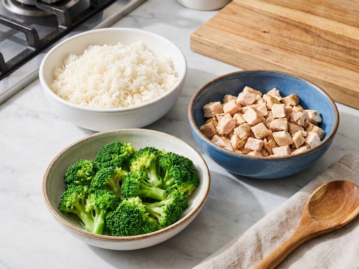 Cooked rice, chopped chicken, and broccoli florets in separate bowls on a kitchen counter, ready to assemble