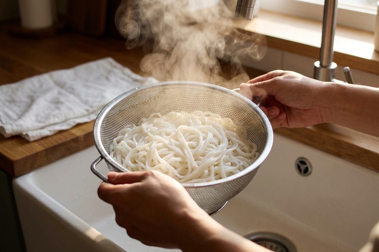 Cooked rice noodles being drained in a colander over a sink with steam rising