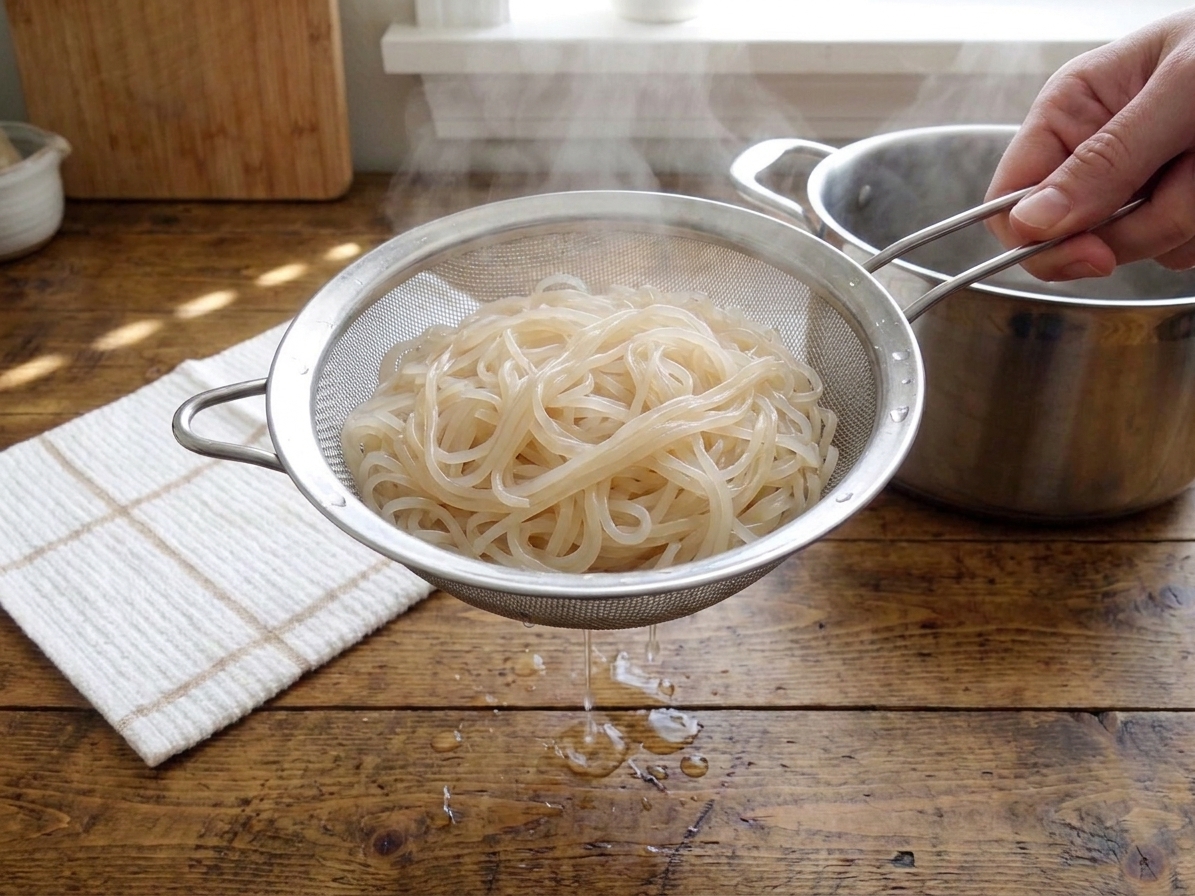 Cooked rice noodles draining after boiling