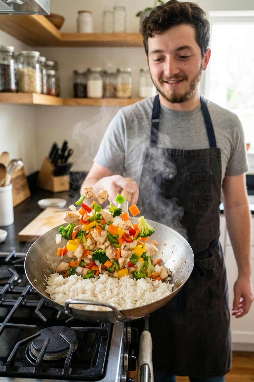 Cooked rice spread in a pan with chicken and vegetables being tossed together