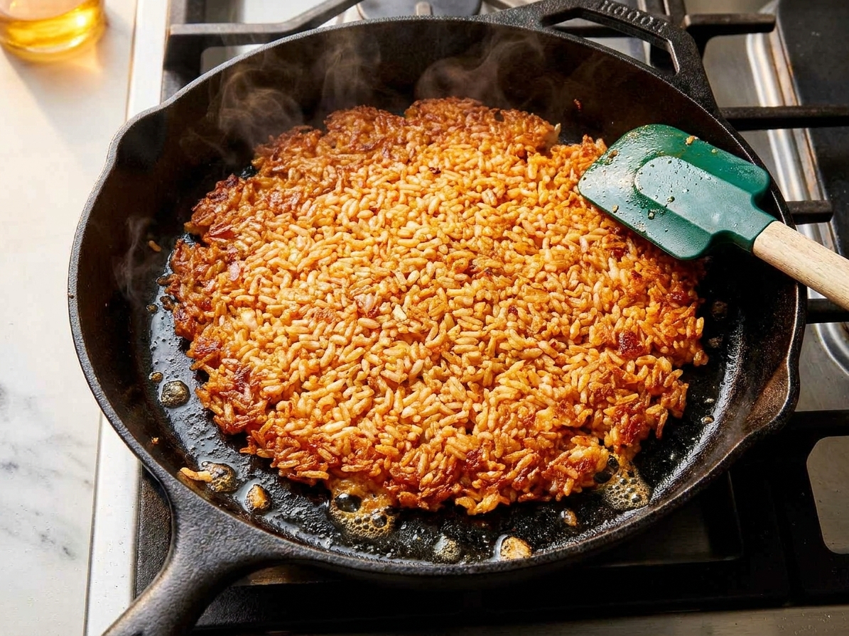 Cooked rice spread in a thin layer in a skillet as it turns golden and crispy around the edges on a stovetop
